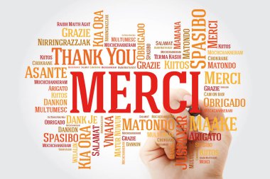 Merci (teşekkür ederim Fransızca) kelime bulutu marker, tüm dilleri ile