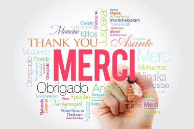 Merci (teşekkür ederim Fransızca) kelime bulutu marker, tüm dilleri ile