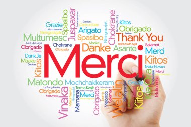 Merci (teşekkür ederim Fransızca) kelime bulutu marker, tüm dilleri ile