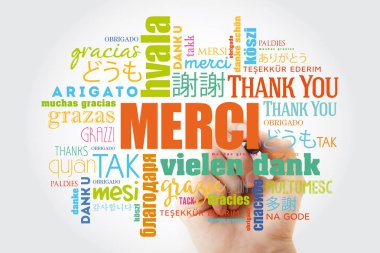 Merci (teşekkür ederim Fransızca) kelime bulutu marker, tüm dilleri ile