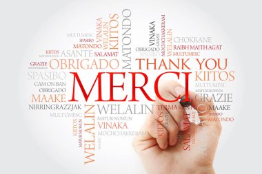 Merci (teşekkür ederim Fransızca) kelime bulutu marker, tüm dilleri ile