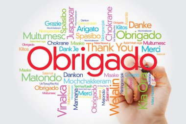 Obrigado (teşekkürler Portekizce) Word Cloud marker, tüm dilleri ile