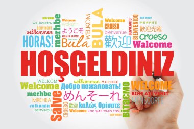 Hosgeldiniz (Türk'hoş geldiniz) Kelime bulutu marker farklı dillerde, kavramsal arka plan ile