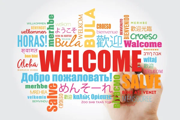 Willkommenswolke Mit Markierung Verschiedenen Sprachen Konzeptioneller Hintergrund — Stockfoto