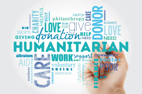 Colagem Nuvens Palavras Humanitárias Com Marcador Fundo Conceito Social — Fotografia de Stock