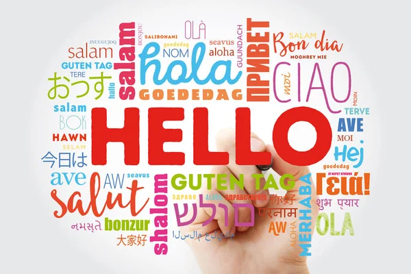 Kelime bulutu dünyanın farklı dillerde marker ile Merhaba, kavram arka plan
