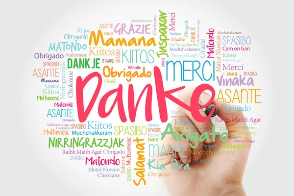 Danke Gracias Alemán Word Cloud Con Marcador Todos Los Idiomas — Foto de Stock