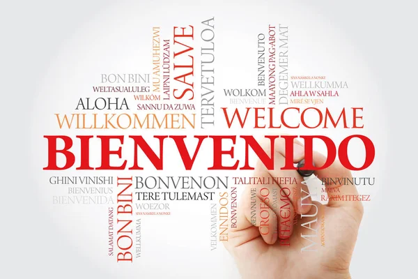 Bienvenido Welcome Spanish Woord Wolk Met Marker Verschillende Talen Conceptuele — Stockfoto