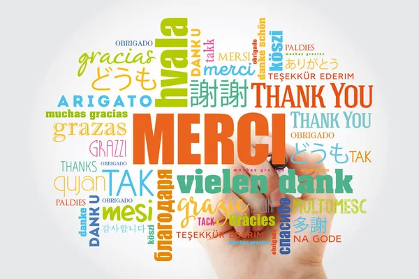 Merci Merci Français Word Cloud Avec Marqueur Toutes Les Langues — Photo