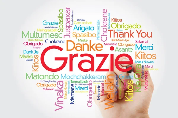 Grazie Gracias Italiano Word Cloud Con Marcador Todos Los Idiomas —  Fotos de Stock