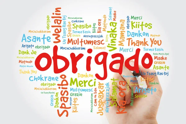 Obrigado Dank Het Portugees Word Cloud Met Marker Alle Talen — Stockfoto