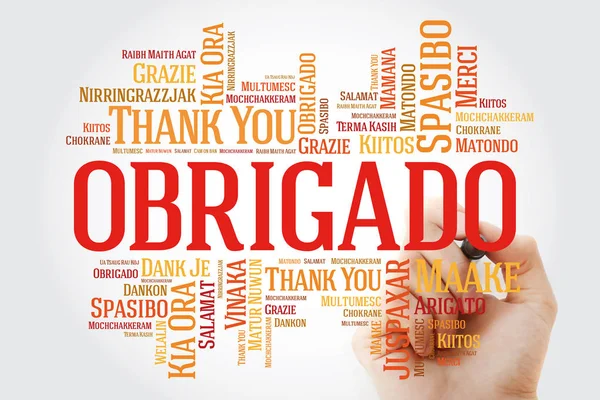 Obrigado Obrigado Português Word Cloud Com Marcador Todos Idiomas — Fotografia de Stock