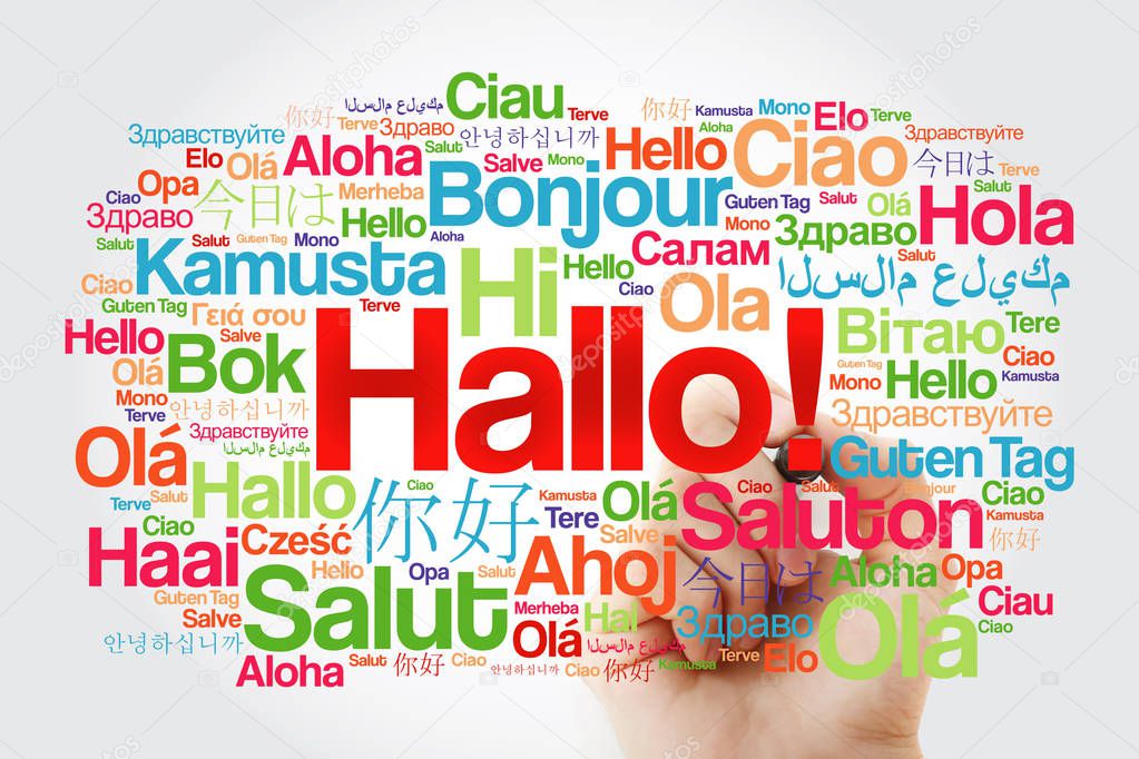 Hallo (Hello Greeting in German) word cloud in different languages of the world, background concept