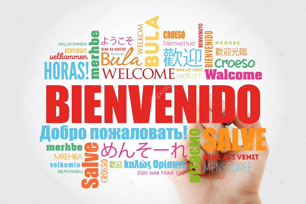 Bienvenido (Welcome in Spanish) word cloud with marker in different languages, conceptual background