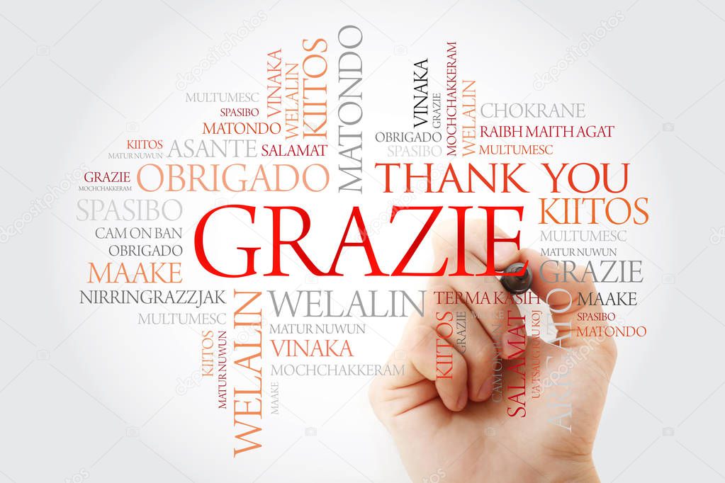 Grazie (Thank You in Italian) Word Cloud with marker, all languages