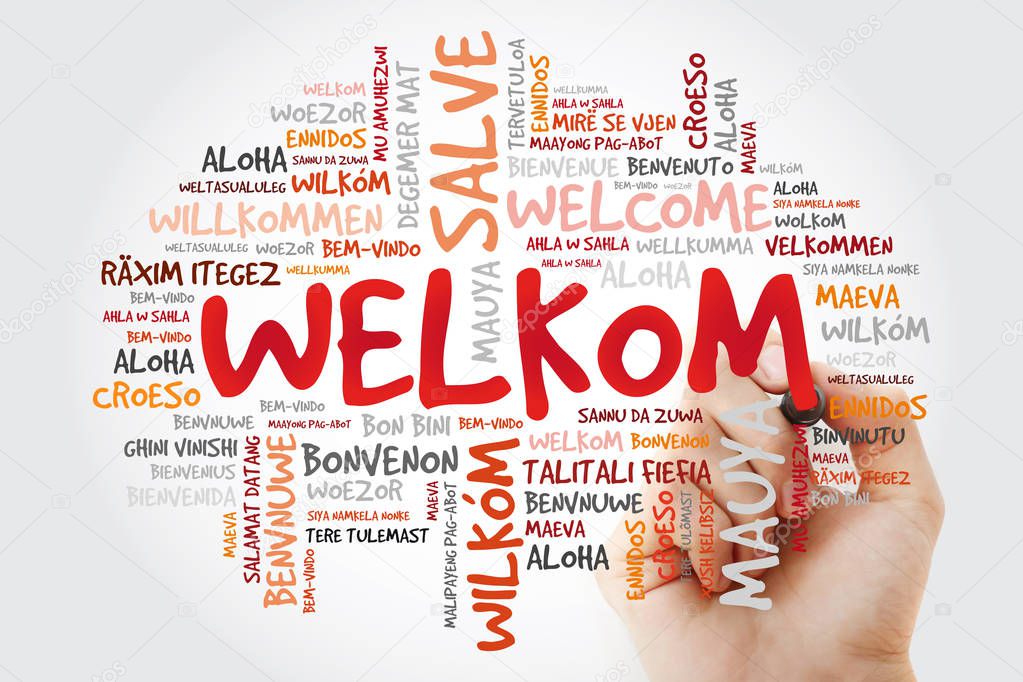 Welkom (Welcome in Afrikaans) word cloud with marker in different languages, conceptual background