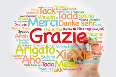 Grazie (teşekkür ederim İtalyanca) kelime bulutu marker, tüm dilleri ile