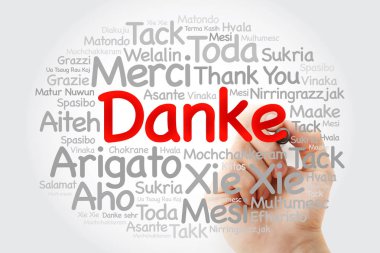 Danke (teşekkür ederim Almanca) kelime bulutu marker, tüm dilleri ile