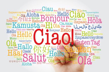 Ciao (Merhaba tebrik İtalyanca) sözcüğü bulut dünyanın farklı dillerde işareti ile arka plan kavramı