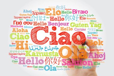 Ciao (Merhaba tebrik İtalyanca) sözcüğü bulut dünyanın farklı dillerde işareti ile arka plan kavramı