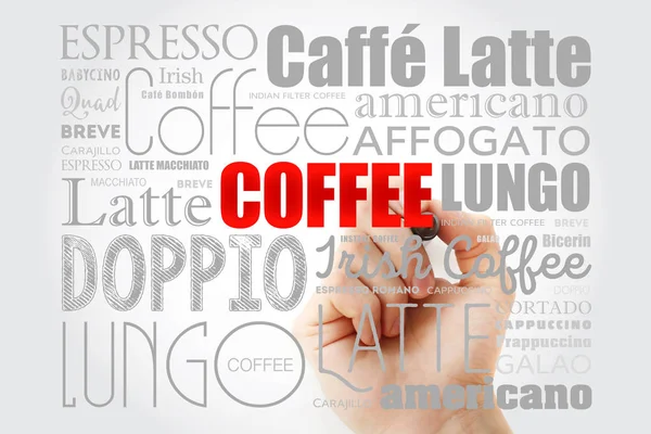 List of coffee drinks words cloud collage with marker, poster background