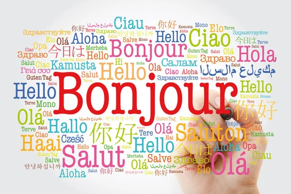 Bonjour Bonjour Salut Français Nuage Mots Dans Différentes Langues Monde — Photo