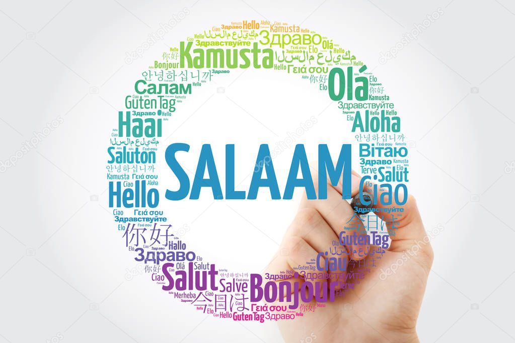 SALAAM (Hello Greeting in Persian,Farsi) word cloud in different languages of the world with marker