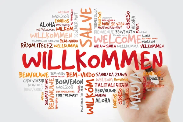 在不同语言中使用不同语言的威尔科门 欢迎用德语 单词云 — 图库照片