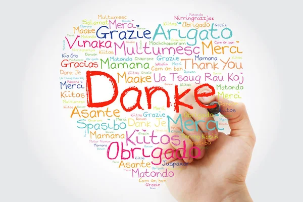 Danke Danke Auf Deutsch Love Heart Word Cloud Verschiedenen Sprachen — Stockfoto