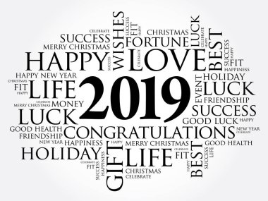 2019 yıl tebrik kelime bulutu kolaj, mutlu yeni yıl kutlama tebrik kartı