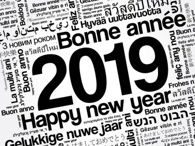 2019 happy New Year farklı dillerde, kutlama word bulut tebrik kartı