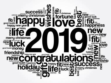 2019 yıl tebrik kelime bulutu kolaj, mutlu yeni yıl kutlama tebrik kartı
