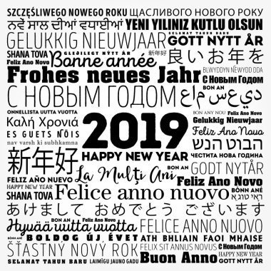 2019 happy New Year farklı dillerde, kutlama word bulut tebrik kartı
