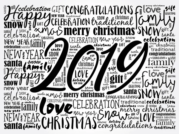 2019 Happy New Year Christmas Background Word Cloud Holidays Lettering — Stock Vector