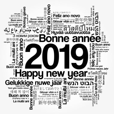 2019 happy New Year farklı dillerde, kutlama word bulut tebrik kartı