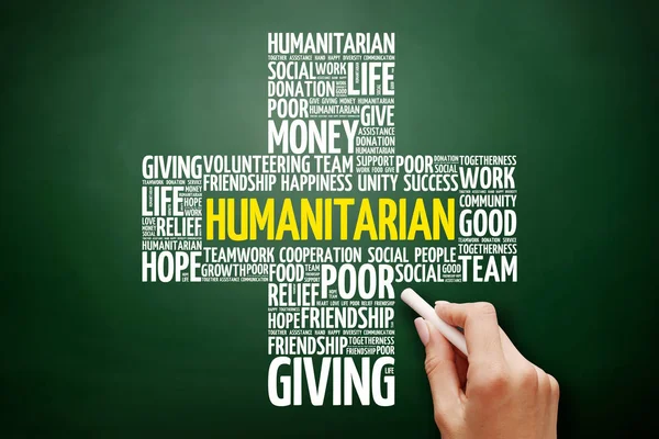 Humanitära Word Cloud Collage Cross Koncept Blackboard — Stockfoto