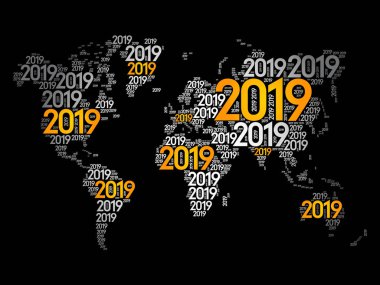 2019 happy New Year, Dünya Haritası tipografi, şeklinde kelime bulutu kavramı kolaj