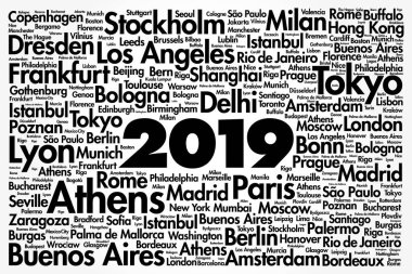 2019 şehirler kelime bulutu kolaj, yolculuk hedefleri kavramı arka plan seyahat