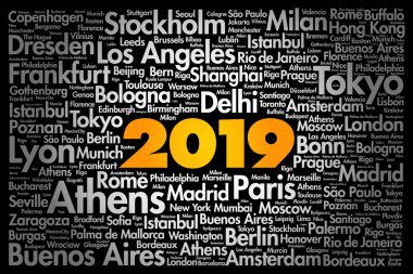 2019 şehirler kelime bulutu kolaj, yolculuk hedefleri kavramı arka plan seyahat