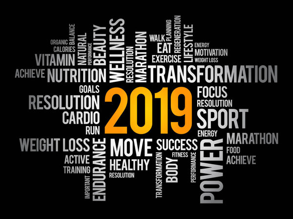 2019 health and sport goals word cloud, concept background