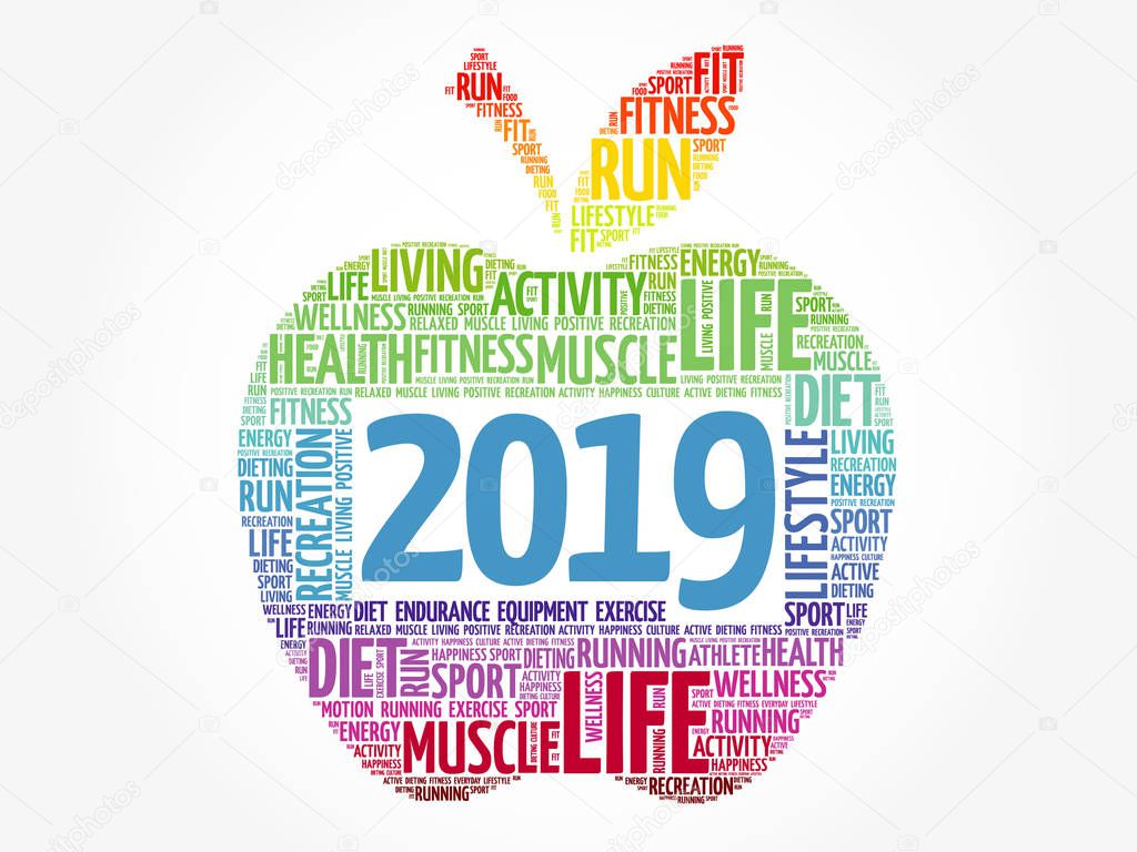 2019 apple word cloud collage, health concept background
