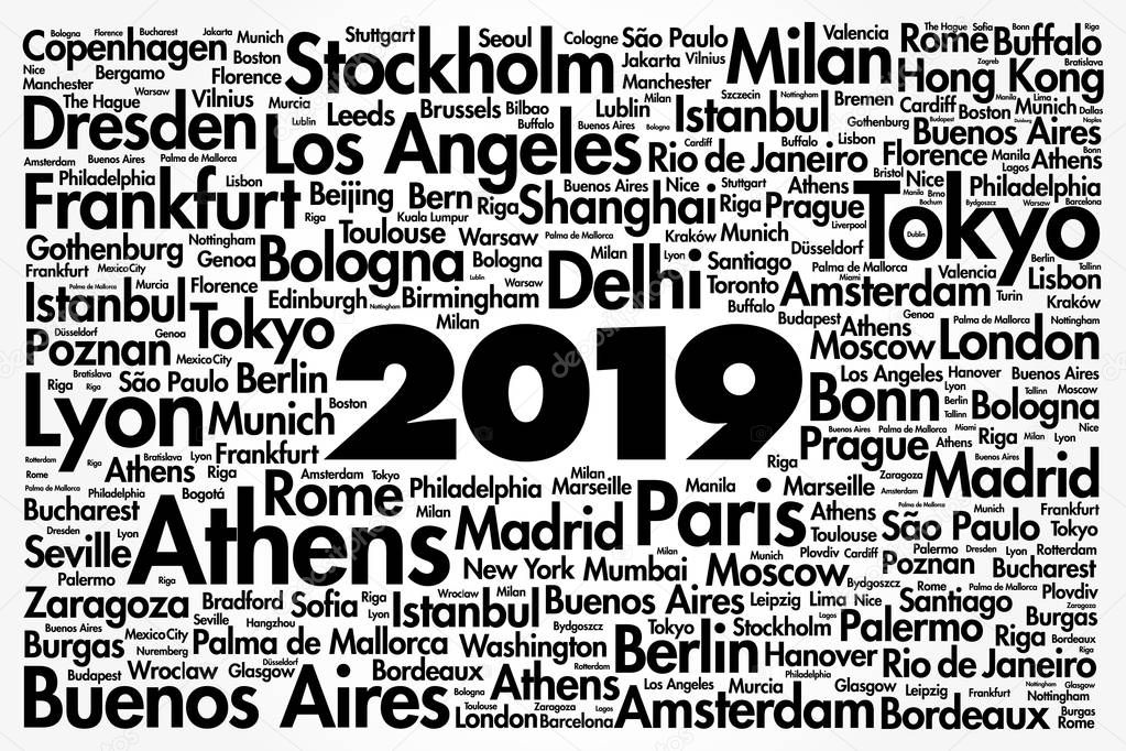 2019 travel cities word cloud collage, trip destinations concept background