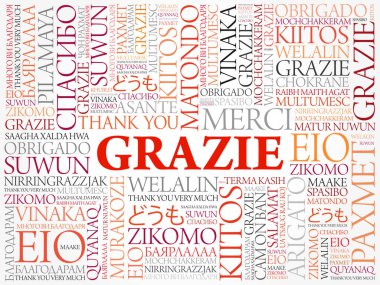 Grazie (teşekkür ederim İtalyanca) kelime bulutu arka plan, tüm diller, eğitim veya Şükran günü için çok dilli