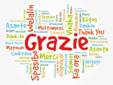 Grazie (teşekkür ederim İtalyanca) kelime bulutu arka plan, tüm diller, eğitim veya Şükran günü için çok dilli