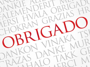 Obrigado (Portekizce Teşekkür Ederim) Kelime Bulutu arkaplanı, tüm diller, eğitim için çok dilli ya da şükran günü