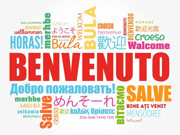 Облако Слов Benvenuto Добро Пожаловать Итальянском Языке Разных Языках Концептуальный — стоковый вектор