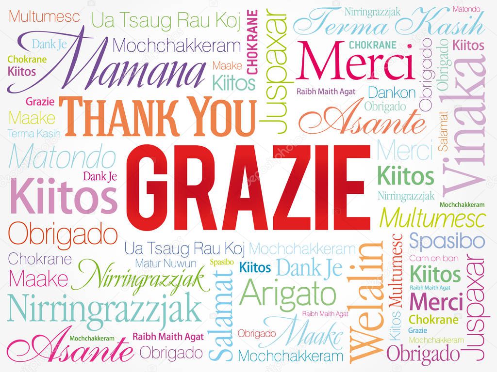 Grazie (Thank You in Italian) Word Cloud background, all languages, multilingual for education or thanksgiving day