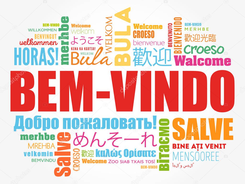 Bem-Vindo (Welcome in Portuguese) word cloud in different languages, conceptual background