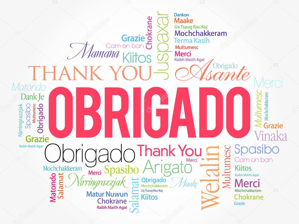 Obrigado (Thank You in Portuguese) Word Cloud background, all languages, multilingual for education or thanksgiving day