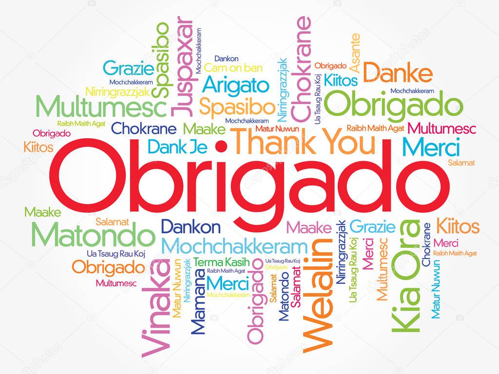 Obrigado (Thank You in Portuguese) Word Cloud background, all languages, multilingual for education or thanksgiving day